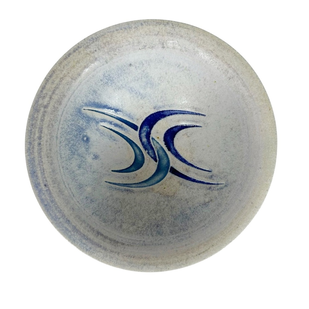 INFINEUM Rare Blue Modernist Abstract Design Footed Glazed Pottery Bowl
